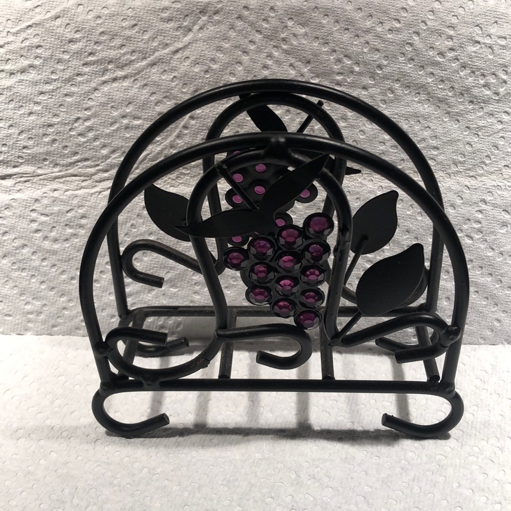 Heavy wrought iron napkin holder. Beautiful Rhinestone grapes that sparkle.
